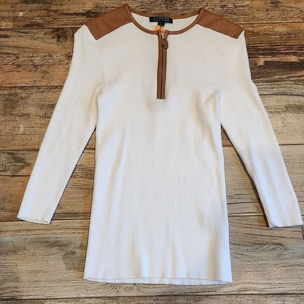 🔹️Ralph Lauren White Ribbed Zipper 3/4 Sleeve Top Small